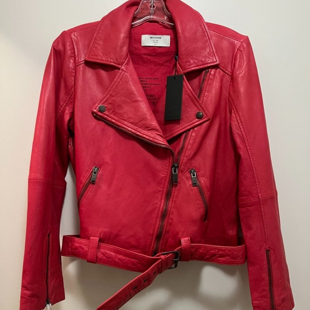 BNWT One Teaspoon Lamb Leather Red Raspberry Moto Jacket